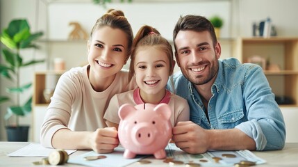 Smiling, happy young family together put coins in piggy bank to save money. Married couple are planning to save up finances. Savings, investments, financial freedom, business, hope for success.