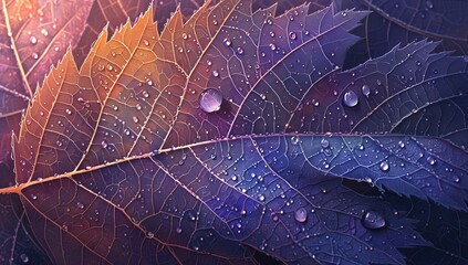 A closeup of the intricate patterns on an autumn leaf, with raindrops glistening in iridescent colors. 