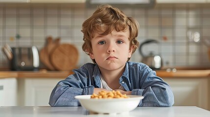 Curly-haired boy looking upset with a bowl of cereal.