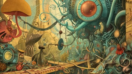 Wall Mural - Surreal image with a clock, a mushroom and various objects such as an hourglass, a bird and a butterfly. The background is a mixture of colors such as orange, blue and green.