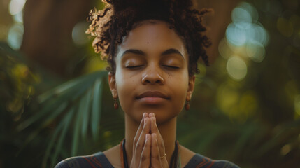 A black woman with closed eyes and hands folded in prayer