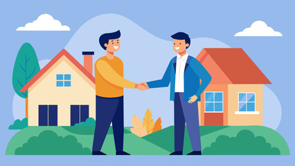 A landlord and tenant shaking hands while standing in front of a house symbolizing a successful resolution of their dispute through mediation