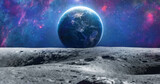 Fototapeta Kosmos - Moon surface and Earth planet. Stars and galaxies in deep space. Earth hour at night. Bright space. Elements of this image furnished by NASA

