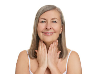 Wall Mural - Beautiful woman touching her neck on white background