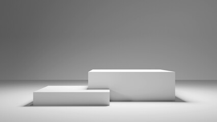 Poster - White empty podium cube stage steps display on gray backdrop and bright spotlight and white floor abstract forms render background. 3d.