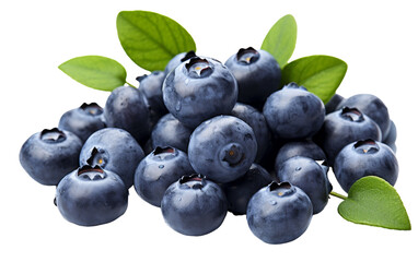 A breathtaking pile of plump blueberries adorned with delicate green leaves