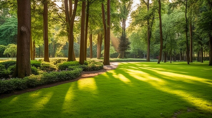 Wall Mural - a green park bathed in morning sunshine. summer splendor in the heart of the forest
