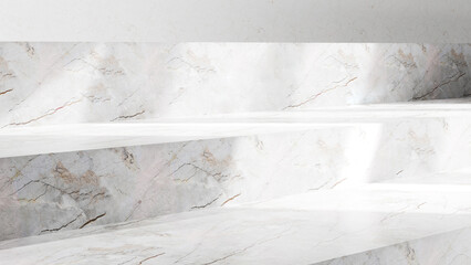 Poster - Marble abstract platform steps, empty place space podium table - empty mock up display for product placement and design with sunlight beams and shadows, marble table background