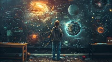 young explorer observing a vast universe, surreal cosmic imagery. ideal for science fiction concepts