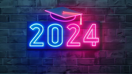 Wall Mural - Neon sign of 2024 Graduation cap icon