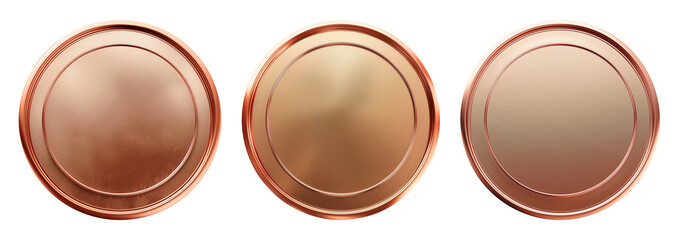 Set of realistic blank copper coins or medals isolated on white, empty metallic token template