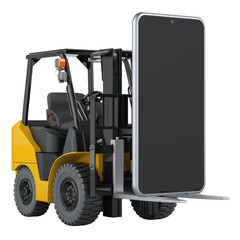 Poster - Forklift truck with smartphone. 3D rendering isolated on transparent background