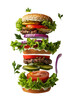  Fresh juicy delicious burger with floating ingredients, isolated on free png background.