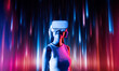 Smart female standing surrounded by neon light wearing VR headset connecting metaverse, future cyberspace community technology. Elegant woman looking faraway and smiling satisfactorily. Hallucination.