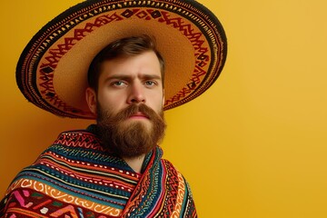 Wall Mural - Beautiful young mexican man wearing sombrero and poncho on yellow background