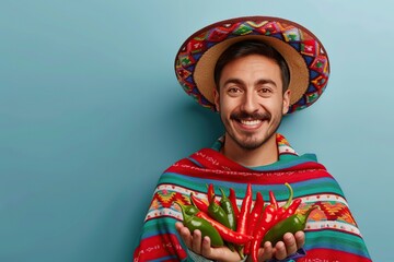 Wall Mural - Beautiful young mexican man wearing sombrero and poncho eating chili pepper on blue background