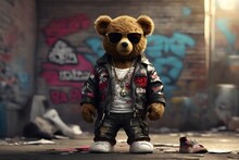 Digital Art Gangster Teddy Bear Standing Such As Human With Stitches, Vintage Sunglasses, And Shoes On Graffiti