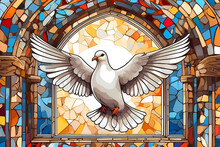 White Dove Flying Against A Colored Mosaic Church Window