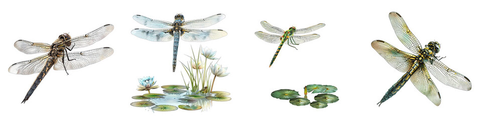 Wall Mural - Dragonfly hovering over a pond Hyperrealistic Highly Detailed Isolated On Transparent Background Png File