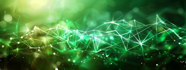Poster - Green abstract background with a network grid and particles connected. Sci-fi digital technology with line connect network and data graphic background. Abstract polygonal wallpaper