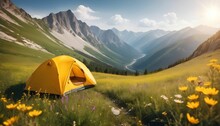 Camping Tent In A Mountain Valley With Wild Meadow Flowers On A Background Of Mountains. Freedom Travel And Hiking In The Mountains Concept Created With Generative Ai.