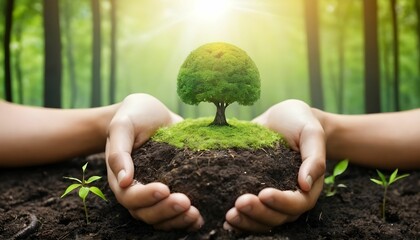 Wall Mural - Earth Day or environment protection Hands protect forests that grow on the ground and help save the world created with generative ai