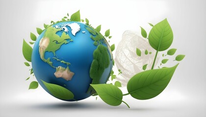 Wall Mural - Save our planet. Earth Day 3d Ecology concept. Design with 3d globe map drawing and leaves isolated on white background created with generative ai