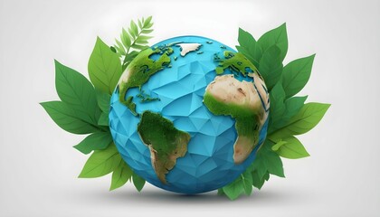 Wall Mural - Save our planet. Earth Day 3d Ecology concept. Design with 3d globe map drawing and leaves isolated on white background created with generative ai
