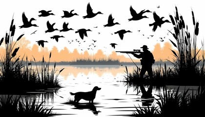 Wildlife Duck animals hunting hunt landscape panorama - Black silhouette of a hunter with rifle gun and dog in reed bog shoots at flying mallard ducks, isolated background wallpaper generative ai