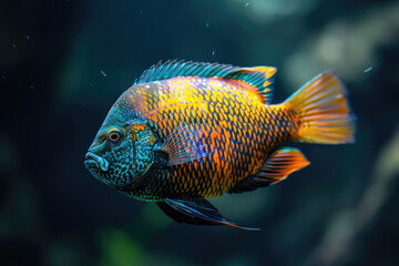 A purebred fish poses for a portrait in a studio with a solid color background during a pet photoshoot.

