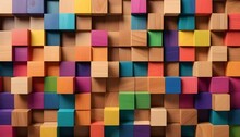 Abstract Geometric Rainbow Colors Colored 3d Wooden Square Cubes Texture Wall Background Banner Illustration, Textured Wood Wallpaper Background 4k Created With Generative Ai.
