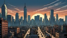 Downtown City Skyline Comic Book Art Style. Digital Art Illustration Background Created With Generative Ai.