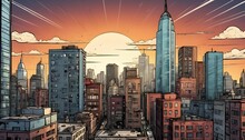 Downtown City Skyline Comic Book Art Style. Digital Art Illustration Background Created With Generative Ai.