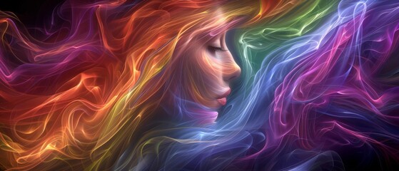 Wall Mural -   A digital portrait of a woman with closed eyes, flowing hair, and wind blowing through it
