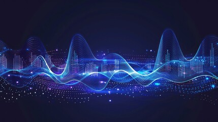 Illustration of sound waves on a dark background. Abstract blue digital equalizer indicator. Electronic sound or audio track graphic meter.