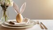 minimalist easter aesthetic table setting egg decorated with bunny ears napkin on white plate neutral floral background with copy space holiday spring template or banner design