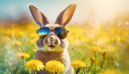 Wall Mural - easter rabbit with reflective sunglasses super cute and funny laughing sits in a yellow dandelion field easter background banner for marketing sales and social media illustration