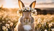 cute face of easter bunny with flowers wreath