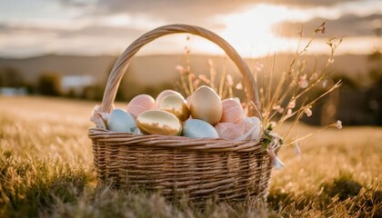 Wall Mural - a beautiful basket filled with coloured eggs for easter