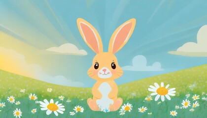 Wall Mural - cute cartoon happy bunny on blue sky and green meadow grass with daisy background adorable rabbit for easter spring holiday design