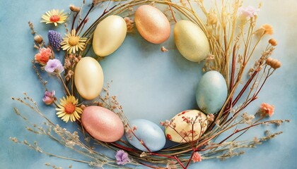 Wall Mural - colorful easter eggs with meadow flowers dried sticks berries circle frame on blue with space for text digital art style easter spring holiday design template