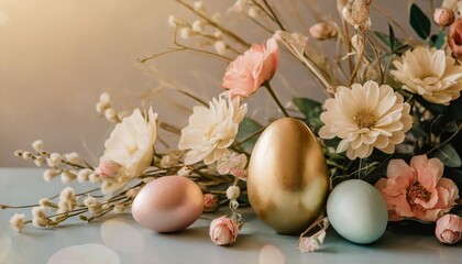 Wall Mural - creative layout composition of flowers and easter eggs on pastel background