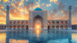 Iconic view of central Asia mosque at sunset, inspired by Iranian culture.Beautiful Islamic architecture.    Travel, culture and education concept 
