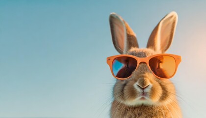 Wall Mural - funny rabbit in trendy orange sunglasses pastel blue background copy space for text image
