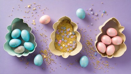 Wall Mural - easter cooking concept top view photo of animal shaped baking molds pink and blue easter eggs and sprinkles on isolated pastel violet background