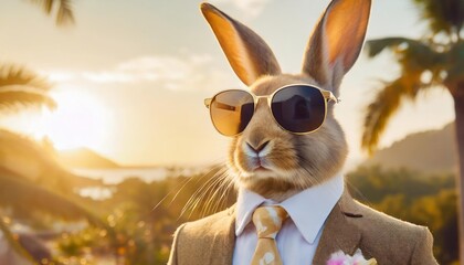 Wall Mural - fashion bunny wearing sunglasses on tropical background elegant style background rabbit costume trendy style happy easter a rabbit wearing sunglasses and a suit with a tie