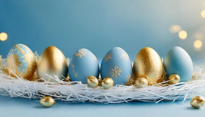 Wall Mural - stylish easter banner blue easter eggs with gold design in white nest in row on blue background