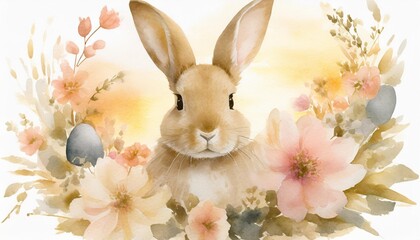 Wall Mural - easter bunny with flowers watercolor illustration