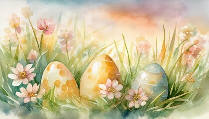 Wall Mural - decorated easter eggs in the grass with spring flowers watercolor illustration