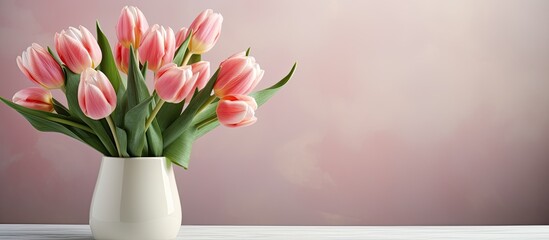 Wall Mural - A beautiful flower vase filled with pink tulips is elegantly displayed on a table, creating a lovely floral centerpiece for the room